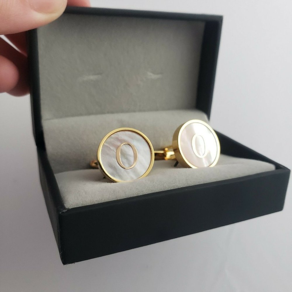 Initial O Cufflinks Gold Plated Mother of Pearl